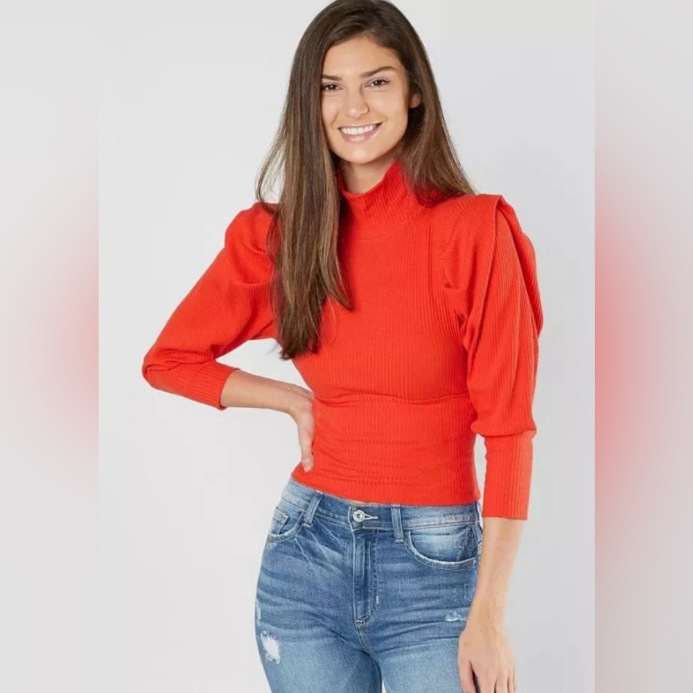 Free People Lala Crop Top in Poppy Red 3/4 Puff Sleeve High Neck in Size XS